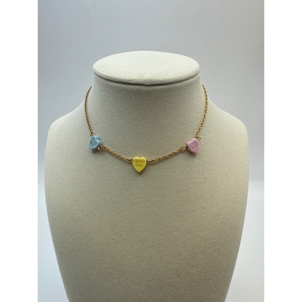 Vintage 1979 Avon Conversation Heart Charm Necklace Gold Tone Kids Pastel Heart